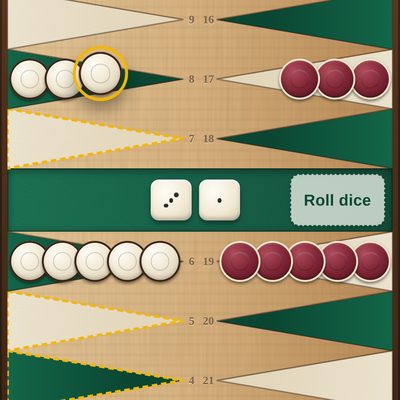Backgammon board with ivory and burgundy checkers and two dice
