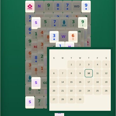 Today's Mahjong Solitaire board with a small month calendar in the corner, today ringed
