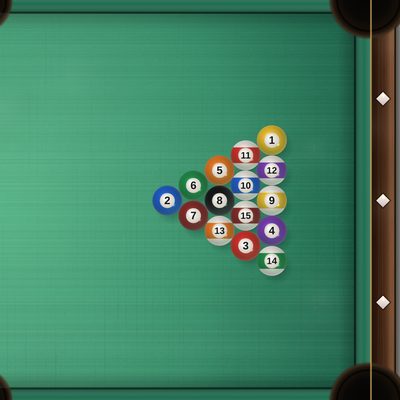 Pool table with the balls racked and the cue ball ready