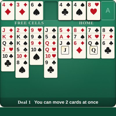 FreeCell table with eight columns of big, easy-to-read cards
