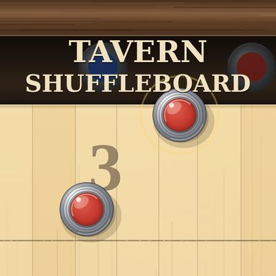 Table shuffleboard with red and blue weights on a maple board