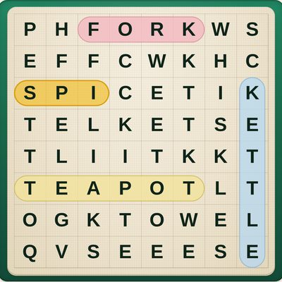 Word search grid with large letters and highlighted words
